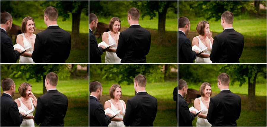 bride tearing up at wedding ceremony