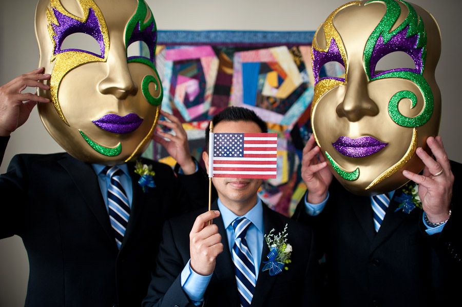 hilarious portrait of groomsmen wearing masks at bloomington wedding