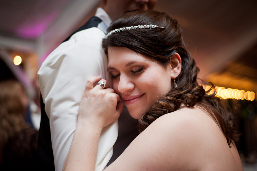 intimate moment between bride and groom on dance floor