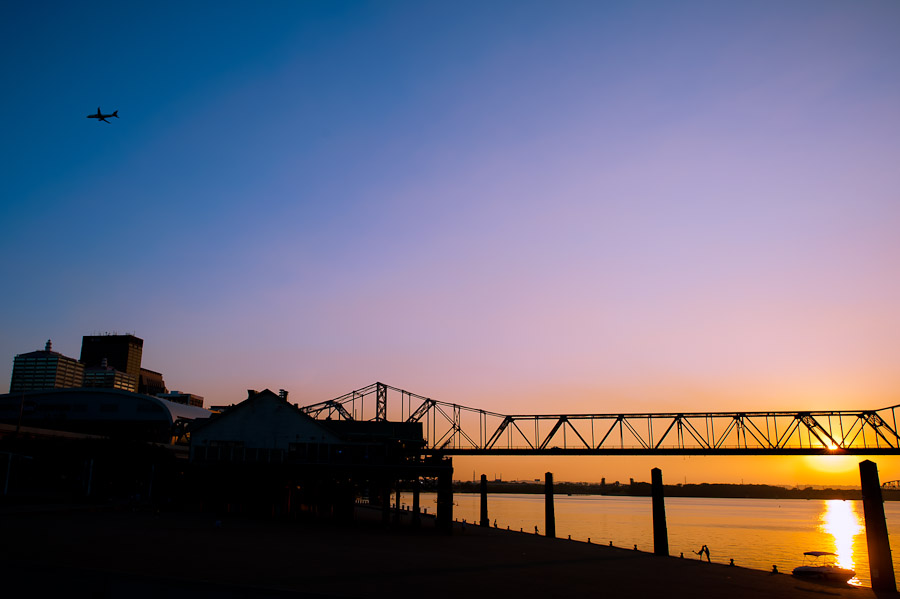 beautiful sunset at waterfront park in louisville KY for engagement session