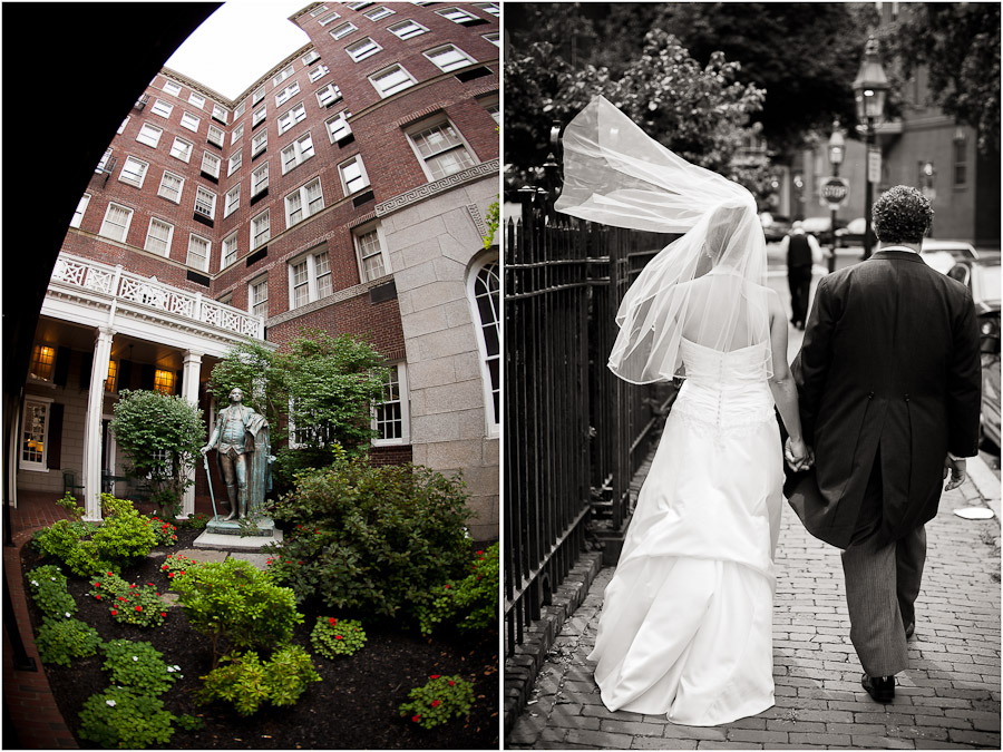 bride and groom exiting from sheraton commander in boston