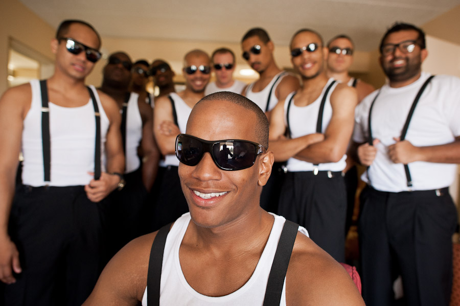 Groomsmen in sunglasses and suspenders