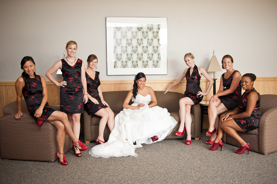 Bride and bridesmaids in traditional Chinese clothing inspired dresses