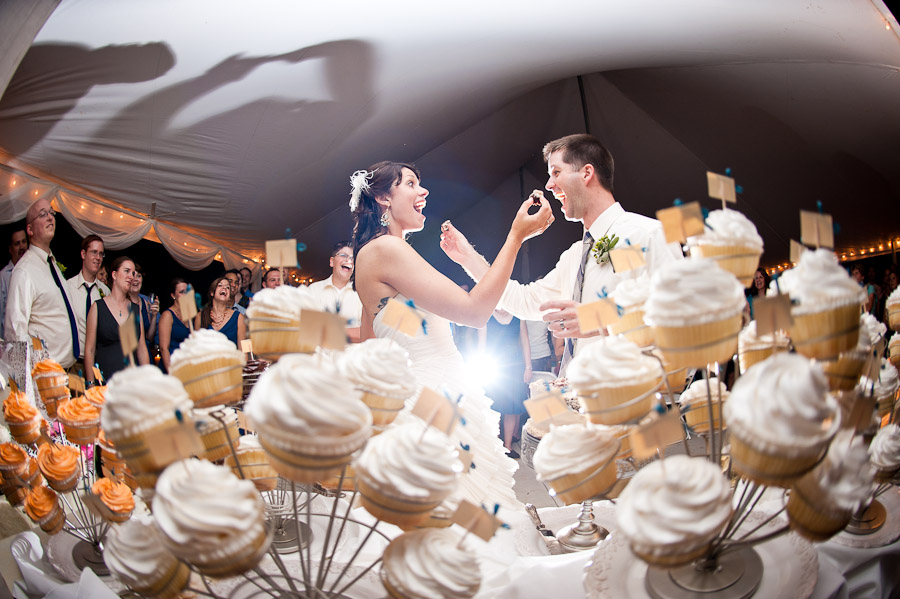 awesome wedding shot of cake cutting with cupcakes