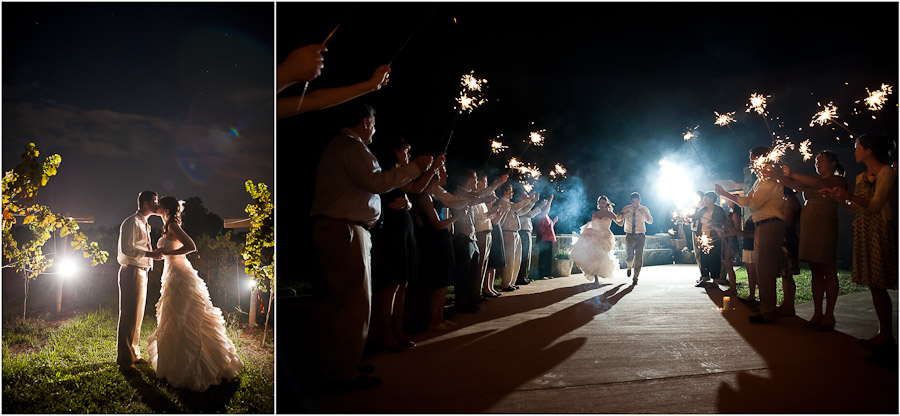 nighttime sparklers at wedding exit