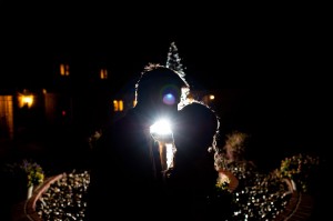 Nighttime wedding strobist photo with fountain at Deer Park Manor