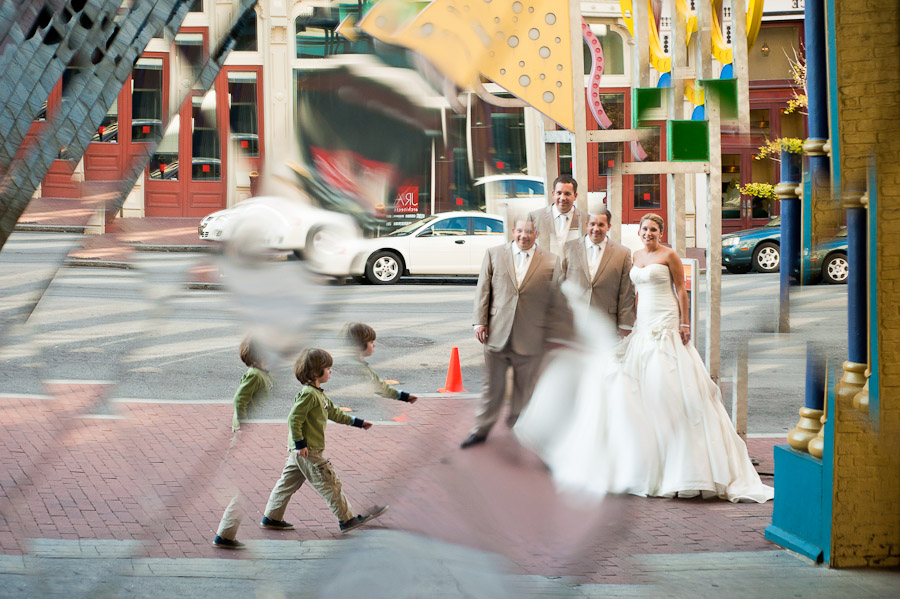 funny downtown louisville wedding portrait in mirrors