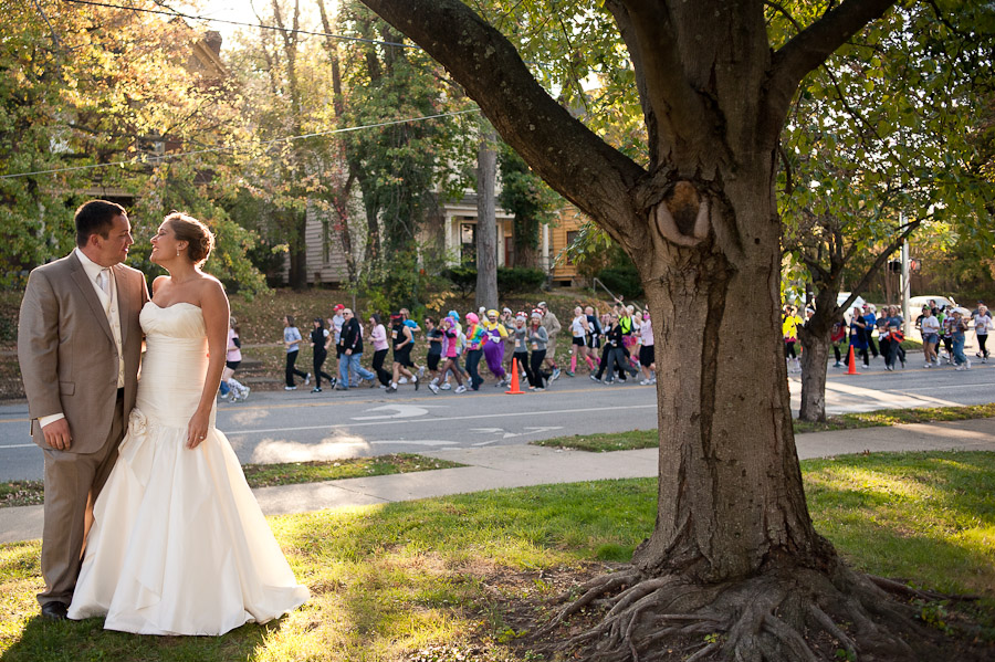 hilarious wedding portrait in front of beer run