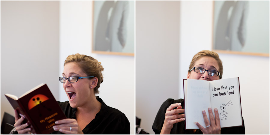 Funny moment of bride getting gift before wedding