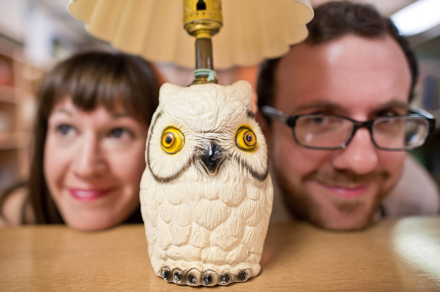 Funny owl lamp engagement photo