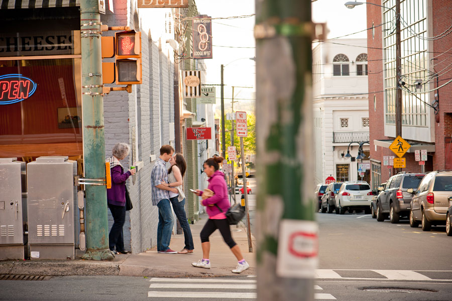 Funny downtown charlottesville engagement portrait