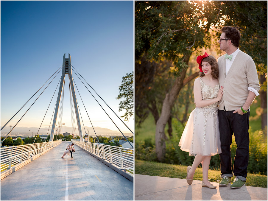 Casual and fun wedding portraits, bow tie, hairpiece, short dress, green and red