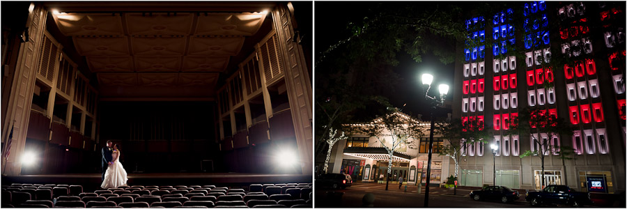 Nighttime wedding photos in Hilbert Circle Theater in downtown Indianapolis