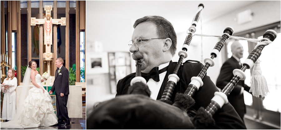 Creative wedding photos of laughter and a bagpiper