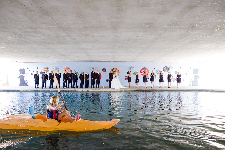 Funny bridal party moment with kayaker on the canal in Indianapolis