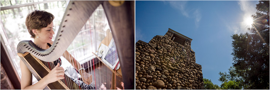 Artsy photo of ceremony harpist at Stone Church in Shelby Michigan