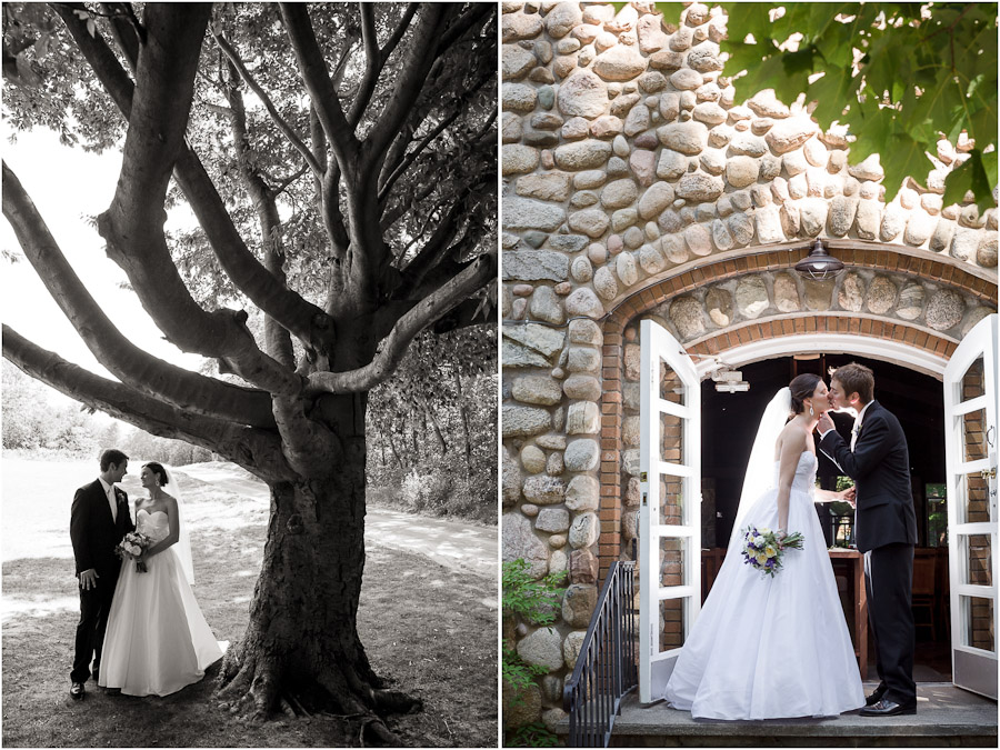 Outdoor bride and groom portraits at Stone Church at Lake Michigan