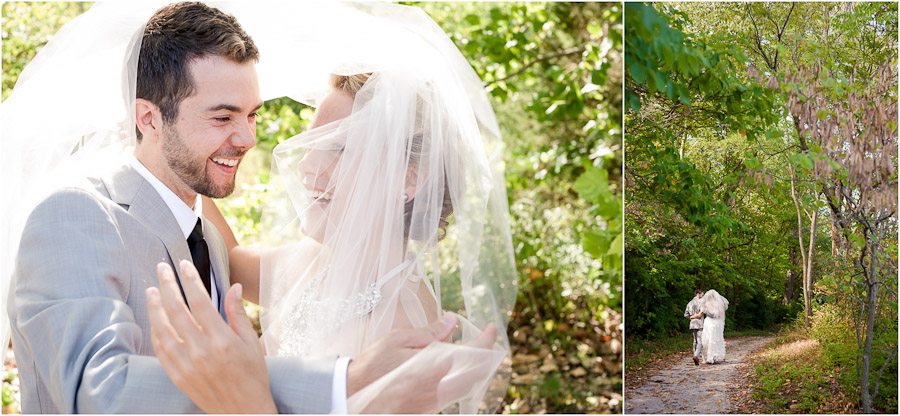 Bride's veil blowing in wind causing a funny scene