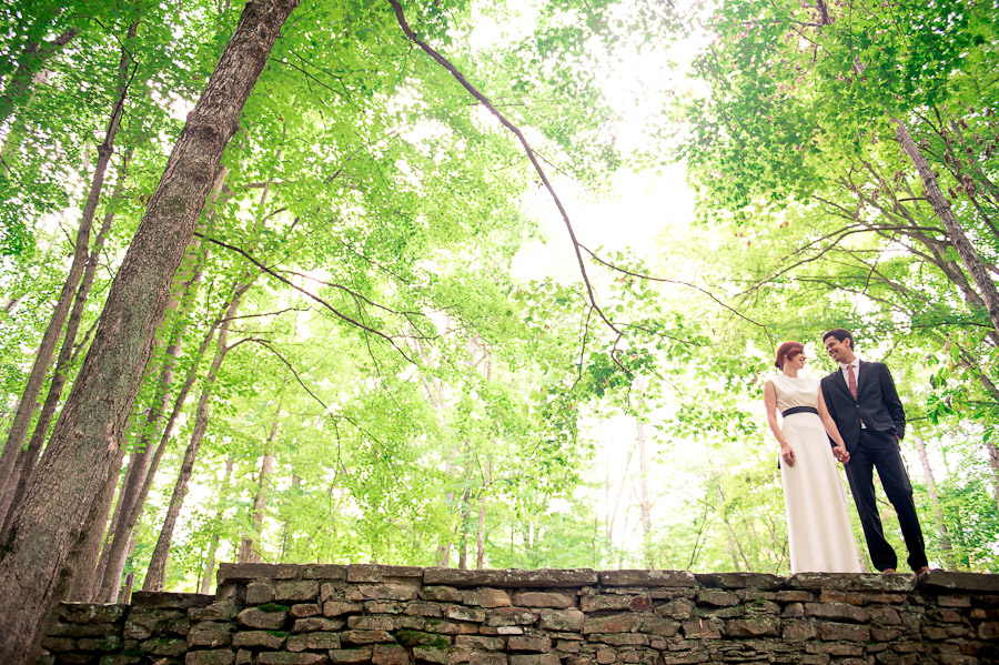 Bright, colorful and quirky wedding image of couple in forest