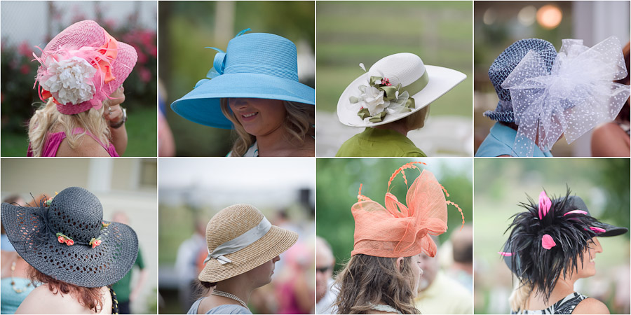 Fancy colorful hat ladies at picnic themed wedding in Louisville