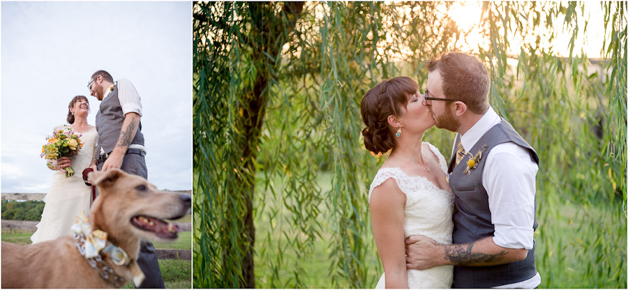 romantic and sweet outdoor wedding portraits of bridal couple and their dog