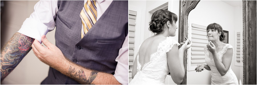 Tattooed groom and bride getting ready pre ceremony at Gingerwoods in Louisville