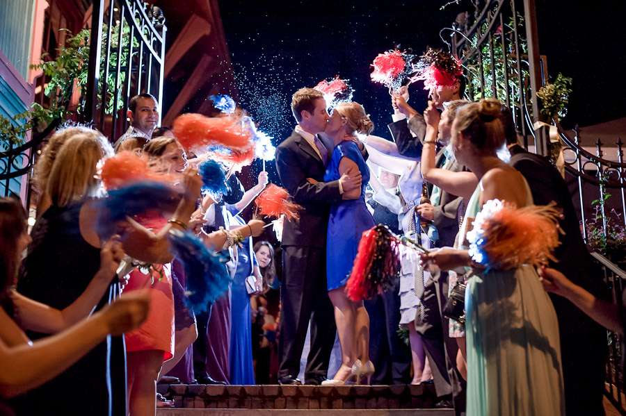 Fun and wild UVA pom pom bridal party exit at wedding in Georgia