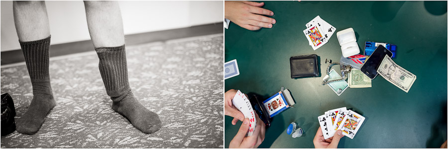 Funny groomsmen with flask and pre-wedding poker game