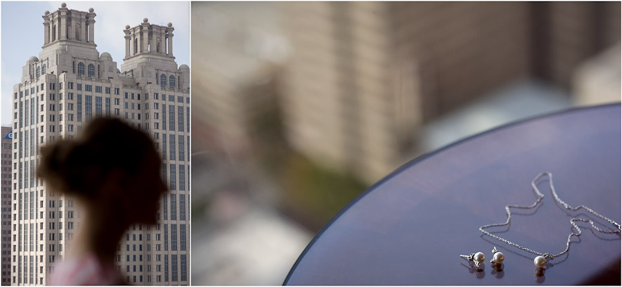 Downtown Atlanta skyline photo with bride and pearl jewelry