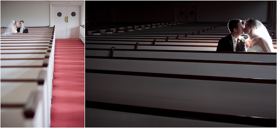 Romantic and sweet first look wedding photos in empty church pews