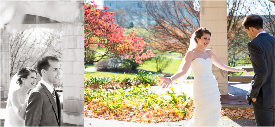 Romantic, colorful wedding photo first look on Indiana University campus