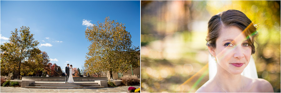 Gorgeous and unique wedding portrait of bride and groom on Indiana University campus