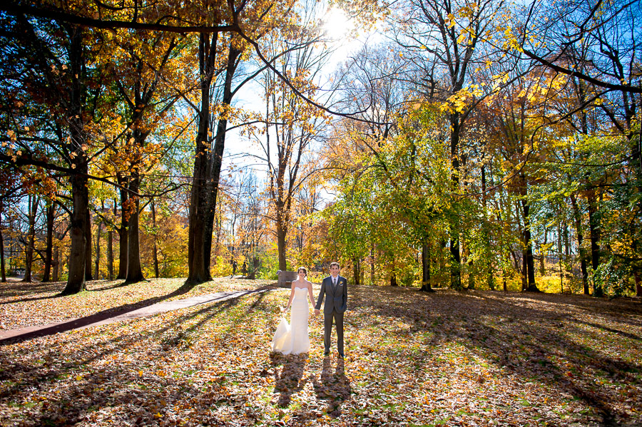 breathtaking, colorful, vibrant pic of wedding couple in a fall forest