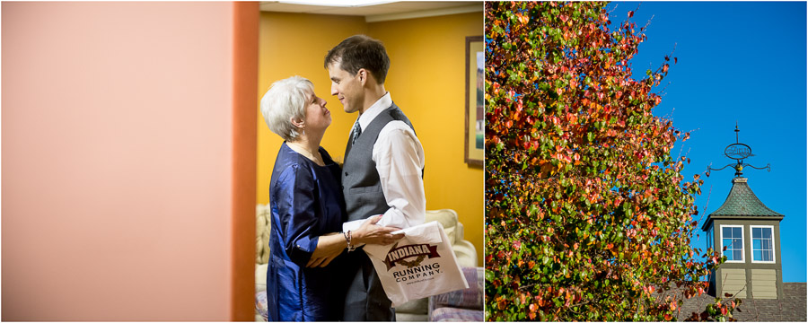 touching and emotional rre-wedding photo of groom and mom at The Fields in Bloomington