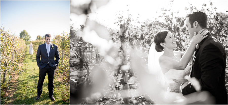 Romantic and sweet first look in grape vines at King Family Vineyard