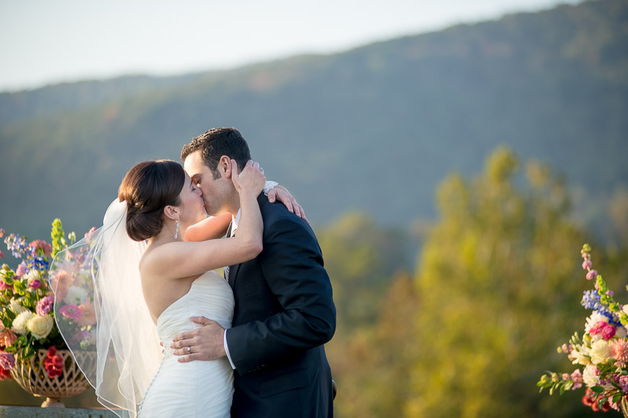 Gorgeous first kiss photo at King Family Vineyard wedding