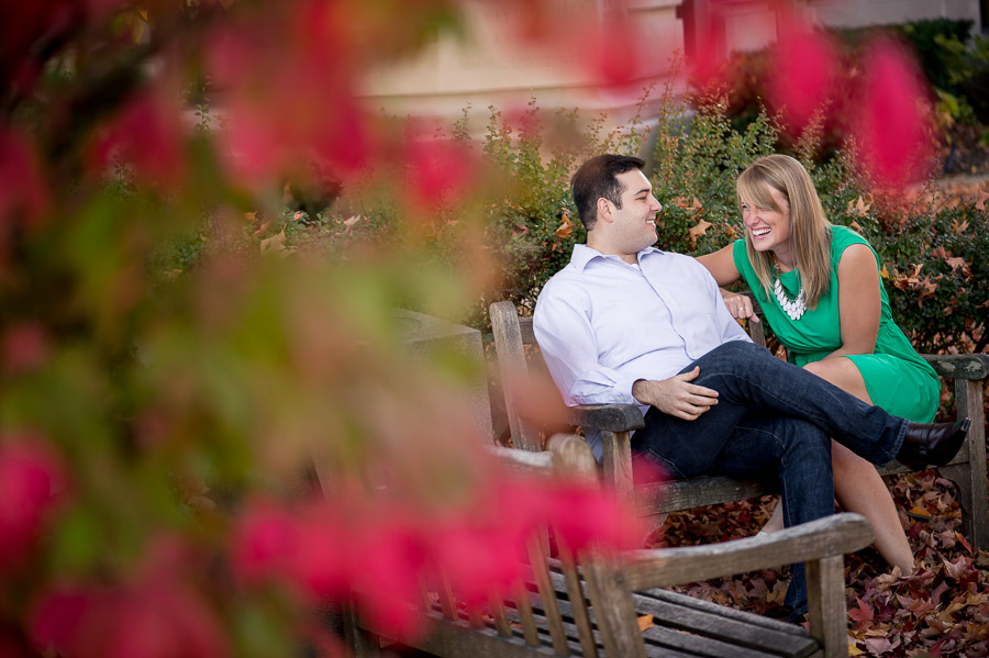 Fun, bright, engagement portraits on court square in Bloomington