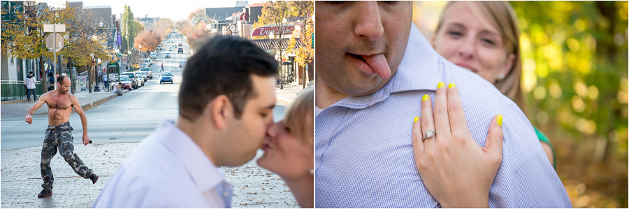 Hilarious, silly, engagement photos on Kirkwood in Bloomington, Indiana