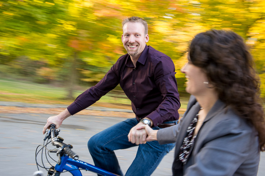 Panning bicycle engagement photo