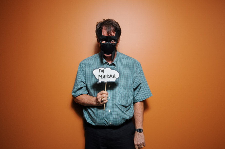 Comical and silly photobooth photo of Batman from party at Upland Brewery