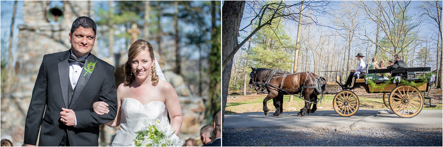 Beautiful wedding couple in horse drawn carriage