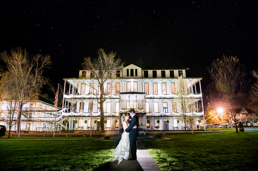 Romantic, creative, nighttime wedding portrait at Shrine Mont, Virginia