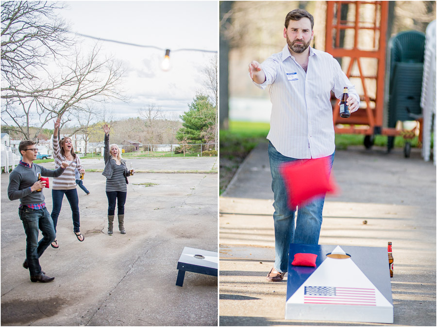 Photos of fun lawn games at relaxed, casual, southern BBQ rehearsal dinner 