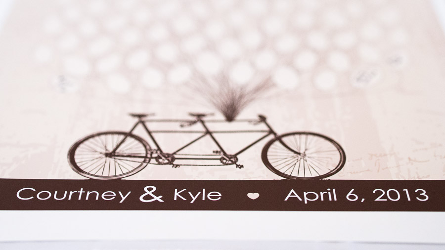 Artsy tandem bike sign in table at Indiana wedding