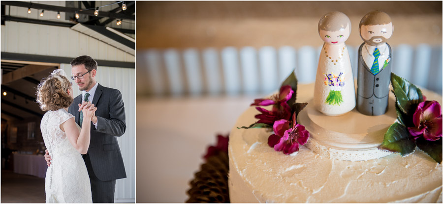 Fun first dance photo and sweet and artistic wedding cake in Bloomington Indiana