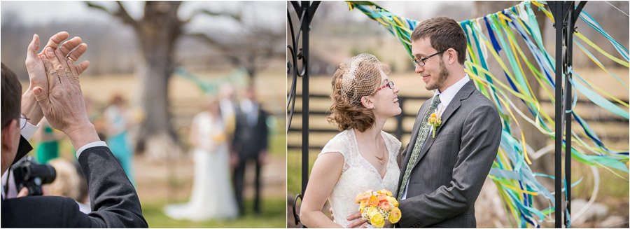 Fun, lively, colorful wedding ceremony moment in Bloomington Indiana