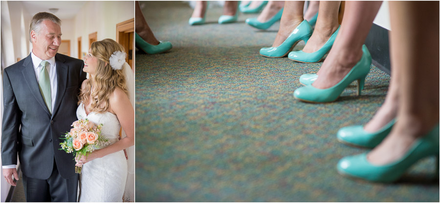 Sweet father daughter moment and bright aqua shoes at teal and grey wedding in Indiana