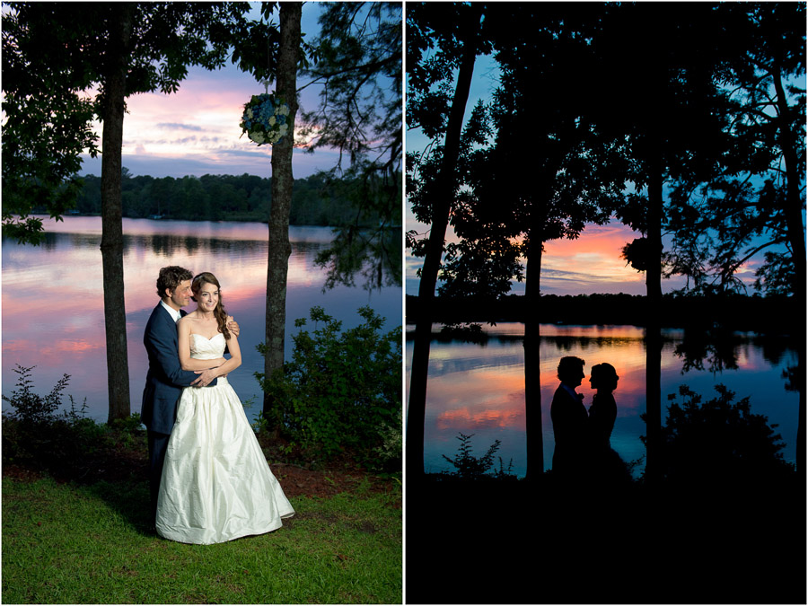 dramatic, lovely, creative wedding photos of bride and groom at sunset