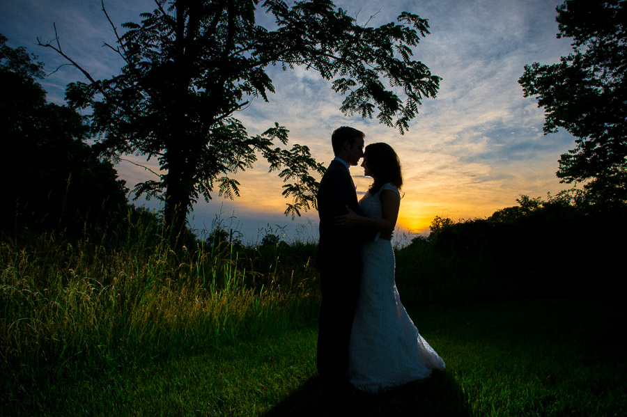 romantic, dramatic and creative sunset wedding portrait in Indianapolis, Indiana