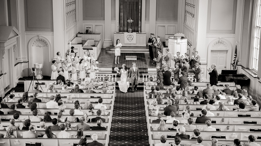 Beautiful bride and groom walk down aisle at wedding ceremony in Indianapolis